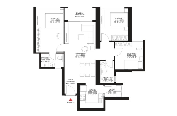 SOBHA Inizio Parel 3 BHK Luxe Floor Plan and Layout